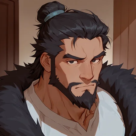 <lora:Huntsman_Avatar_The_Legend_of_Korra:.8> Huntsman, black hair, black eyes, man bun, hair knot, mustache,
upper body, looking at the viewer,
(very short hair, beard, bara, mature, facial hair, stubble, beard, full beard, sideburn, beard, a lot of beard, ), facial hair,male focus, muscular male, muscular male, bara, mature,  bara, mature, aixiwuganda_(20222192), very awa, masterpiece, best quality, absurdres, newest, perfect quality, detailed background, intricate details,
<lora:slider_Body Type_alpha1.0_rank4_noxattn_last:3><lora:Anime Summer Days 2 Style SDXL_LoRA_Pony Diffusion V6 XL:.6><lora:slider_cfg_scale_boost:.7><lora:Artist6p:.55>, Artist6p, Artist04p,<lora:slider_il_brightness_slider_d1:-1><lora:slider_il_contrast_slider_d1:-1><lora:slider_DarkSlider1.2_alpha1.0_rank16_full_300steps:-.6>