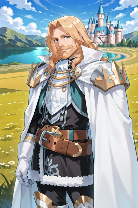 <lora:OrdeneIL:0.8> , ordedef, 1boy, blue eyes, blonde hair, long hair, facial hair, mustache, beard, white cape, collared cape, armor, pauldrons, white gloves,  fur-trimmed skirt, black skirt, black pants, belt, white boots, white greaves, cowboy shot, smile, lake, grassland, castle adult male, mature male, old man, looking at viewer, solo, masterpiece, very aesthetic, absurdres, best quality, amazing quality, high resolution, newest, very awa, <lora:illustrious_quality_modifiers_masterpieces_v1:0.8> , <lora:ChamIllustriousBackgroundEnhancer:0.5>,  solo,