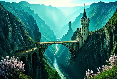 towers ringed in mist, sunrays, mixed media, flux-style, surrealism, fantasy, great lighting, A surreal landscape highly detailed, extremely high-resolution details, appears trapped in an optical illusion of reflections and refractions, colorful, Spring, cherry blossoms in the wind, sweeping vistas, majesty, spring blooms, (Zhangjiajie mountains:1.5),  (((Paris in contemporary France, baroque architecture, European architecture, German Renaissance towers))), (stone arch bridges:1.05), winding rivers extending to the horizon, professional photography, natural lighting, volumetric lighting maximalist. vivid, vibrant colors, intricately detailed, (psychedelic colors, psychedelic colors:1.15), complex, elegant, expansive, fantastical, film photography style, medium grain, cmnt
 (8k uhd:1,4)
 <lora:add-detail-xl:1>
 <lora:Dynamic Poses:1>