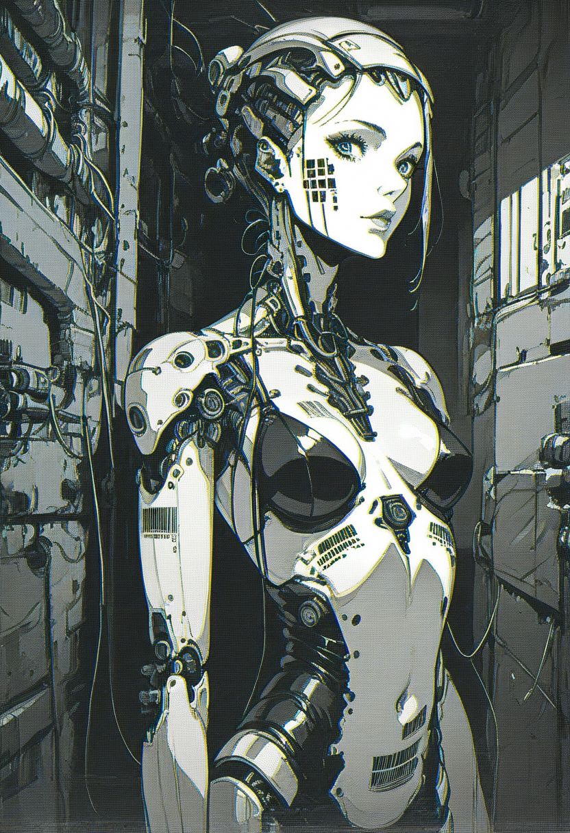 score_9, score_8_up, score_7_up, 1girl, solo, robot woman wearing barcode dress, cyber background