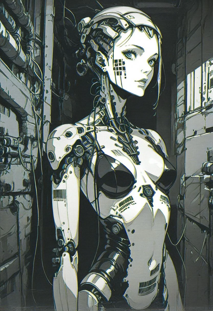 score_9, score_8_up, score_7_up, 1girl, solo, robot woman wearing barcode dress, cyber background
