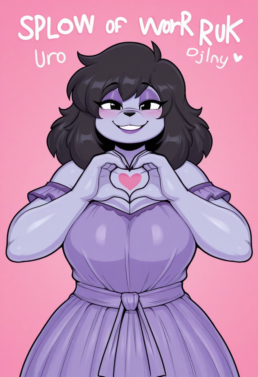 1girl, solo, medium build, medium hair, sfw, safe for work, covered skin, flowy dress, black eyes, purple lipgloss, smiling, portrait, upper body, doujin cover, heart hands, japanese text, uromatsu, furry, furry female, anthro