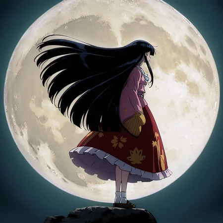 masterpiece, best quality, <lora:tgm-xl-a3.1:1>,anime coloring, 1girl, houraisan kaguya, long hair, danmaku, black hair, solo, very long hair, moon, skirt, wide sleeves, full moon, long sleeves, night, from behind, japanese clothes, shirt, socks