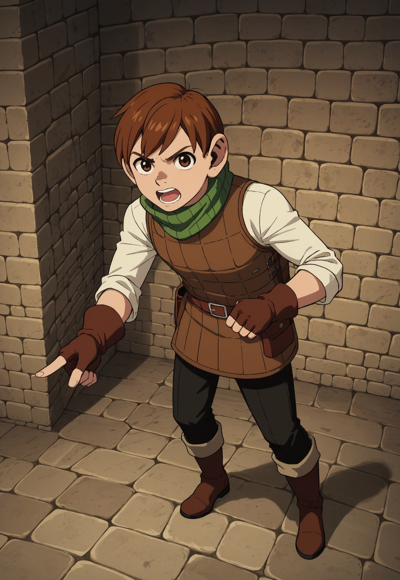 safe_pos, score_9, score_8_up, score_7_up, masterpiece, best quality, very aesthetic, absurdres, amazing quality, high resolution, ultra-detailed, volumetric lighting, newest, scenery, DunMeshi_Chilchuck, 1boy, solo, male focus, halfling, brown hair, short hair, brown eyes, green neck warmer, white shirt, brown padded armor, brown belt, belt pouch, fingerless gloves, leather gloves, brown gloves, black pants, brown leather boots, full body, looking at viewer, pointing at viewer, angry, shouting, looking up, dungeon, dark, perspective
