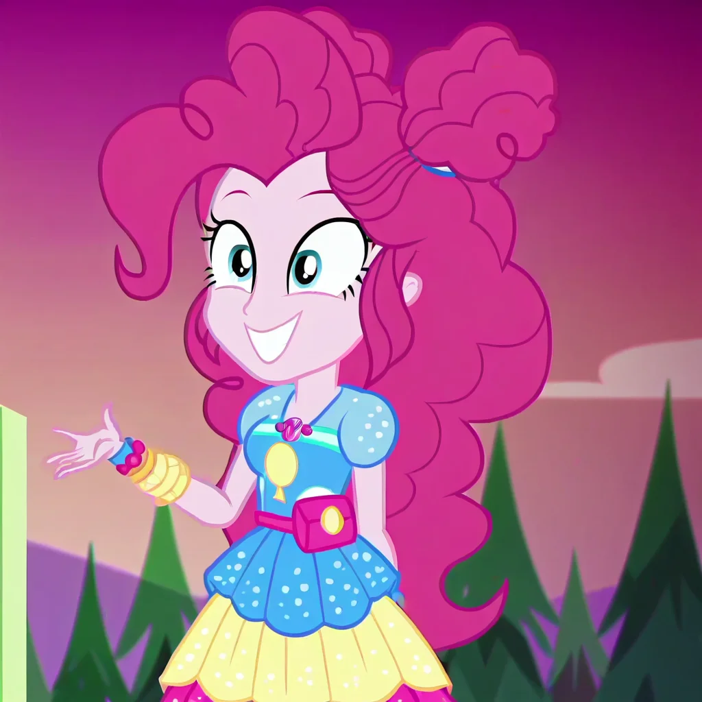 1girl, solo, equestria girls, pinkie pie, music festival outfit, pinkie_festival_outfit, hair bun, rah rah skirt, multicolored skirt, happy, smile, big breasts, cleavage