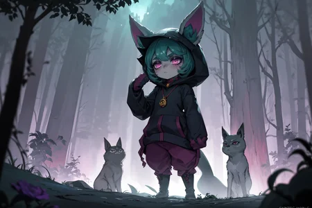 <lora:vexLeagueOfLegends_v10:1>, Vex, Volumetric Lighting, Best Shadows, Shallow Depth of Field, Portrait Of Stunningly Beautiful Girl, Yordle, Ears Fur, Delicate Beautiful Attractive Face With Sharpening Purple Eyes, Glowing Slit Pupils, Frown Thick Eyebrows, Sleepy Eyes, Expressionless, Closed Mouth, Lovely Small Breasts, (Grey Skin:1.4), Layered Short Green Wavy Hair, Blush Eyeshadow, Thick Eyelashes, Jewelry Necklace, In Hoodie, With Very Long Sleeves, Purple Loose Pants, Boots, Living Shadow, Deep Forest At Night, Withered Trees, [Pitch Darkness], Through The Mist, Oil Lantern, Rose Flower, Standing, (Highest Quality, Amazing Details:1.25), (Solo:1.3), Brilliant Colorful Paintings