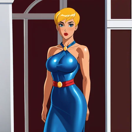 <lora:powergirlpublicenemies_pony_v1:.65> PowerGirlPublicEnemies, 1girl, blonde hair, large breasts, short hair, blue eyes, lipstick, makeup, lips,dark skin, cowboy shot, <lora:0932 Home wear 9_v1_pony:1> ruanyi0932,blue dress,halter dress,sleeveless,cowboy shot,taut dress,skin tight,long dress