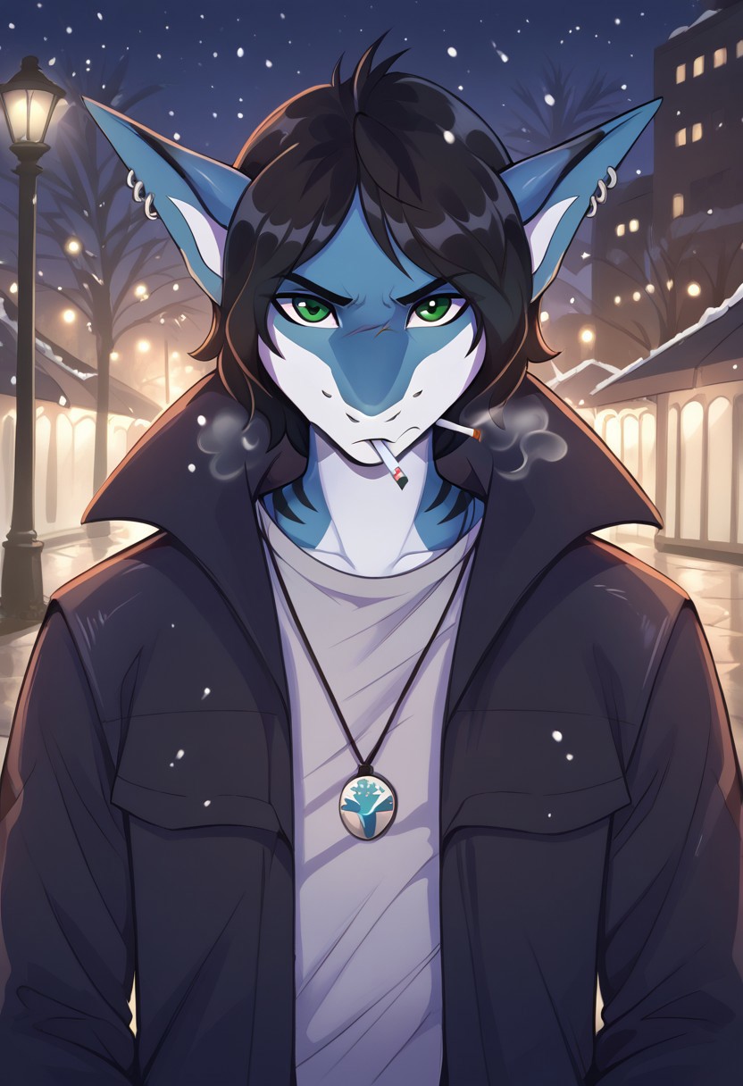 <lora:Scappo_Style_v2_PonyXL:0.8> by scappo, scappo,  score_9, score_8_up, score_7_up,1boy, lunarsunxl,  anthro shark,dark blue skin, stripes on the body, short hair,lush hair,black hair, green eyes, shark tail, scar on the fin, ear piercing, BREAK, looks at the viewer, confused, stretches out his hand to the viewer, open palm, shell pendant in the palm, cigarette in his mouth, lights a cigarette with a lighter, purple T-shirt, long black coat, background, park in winter, night, it's snowing