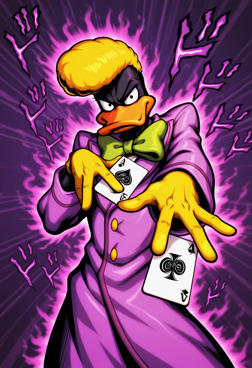 masterpiece, best quality, Graphic Design, color art, vibrant colors, colorful, intricate details, high contrast, detailed background, beautiful detailed, beautiful face, detailed eyes, detailed face, new, newest, z00td4ffy, 1boy, solo, male focus, furry, duck, black skin, beak, black eyes, yellow hair, pompadour, suit, formal, purple coat, yellow gloves, green bowtie, jojo pose, menacing, purple aura, cowboy shot, holding playing cards,