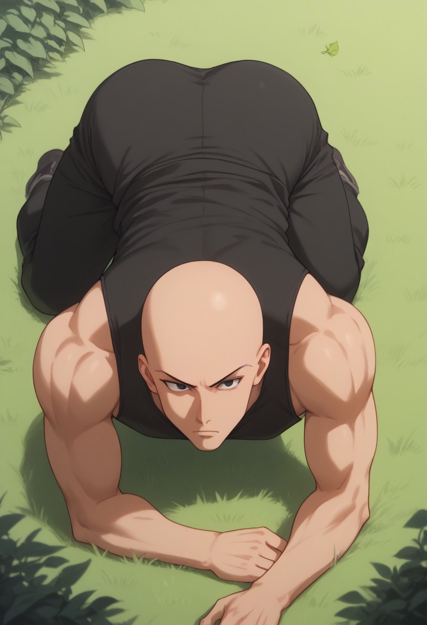 score_9, score_8_up, score_7_up, source_anime, rating_safe, on all fours, hands with five fingers, leaves, Hanunter, 1boy, male focus, bald, black eyes, serious, dark grey pants, tank top, ass up, crawling, hiding in bush, from above, rocks, grass,