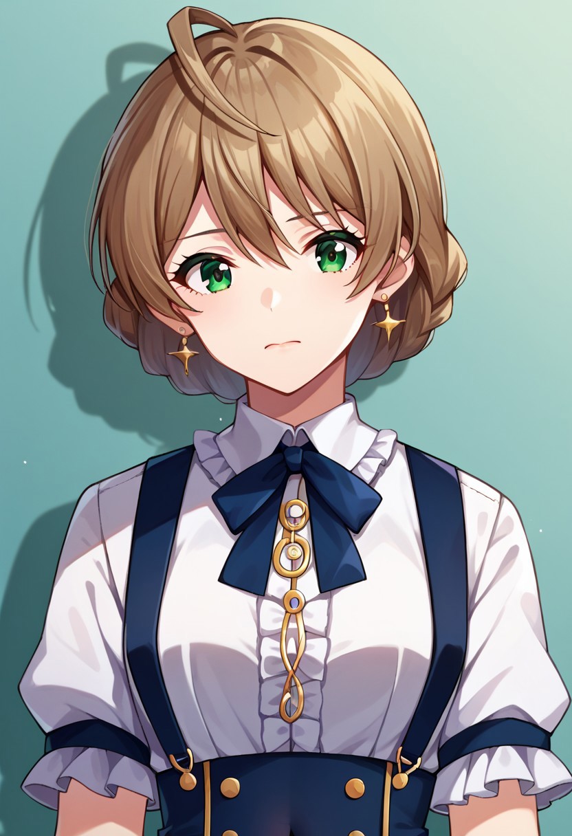 score_9, score_8, score_7, source_anime, sakuramori kaori, navel, :d, closed mouth, earrings, upper body, frilled sleeves, gloves, suspenders, pantyhose, buttons