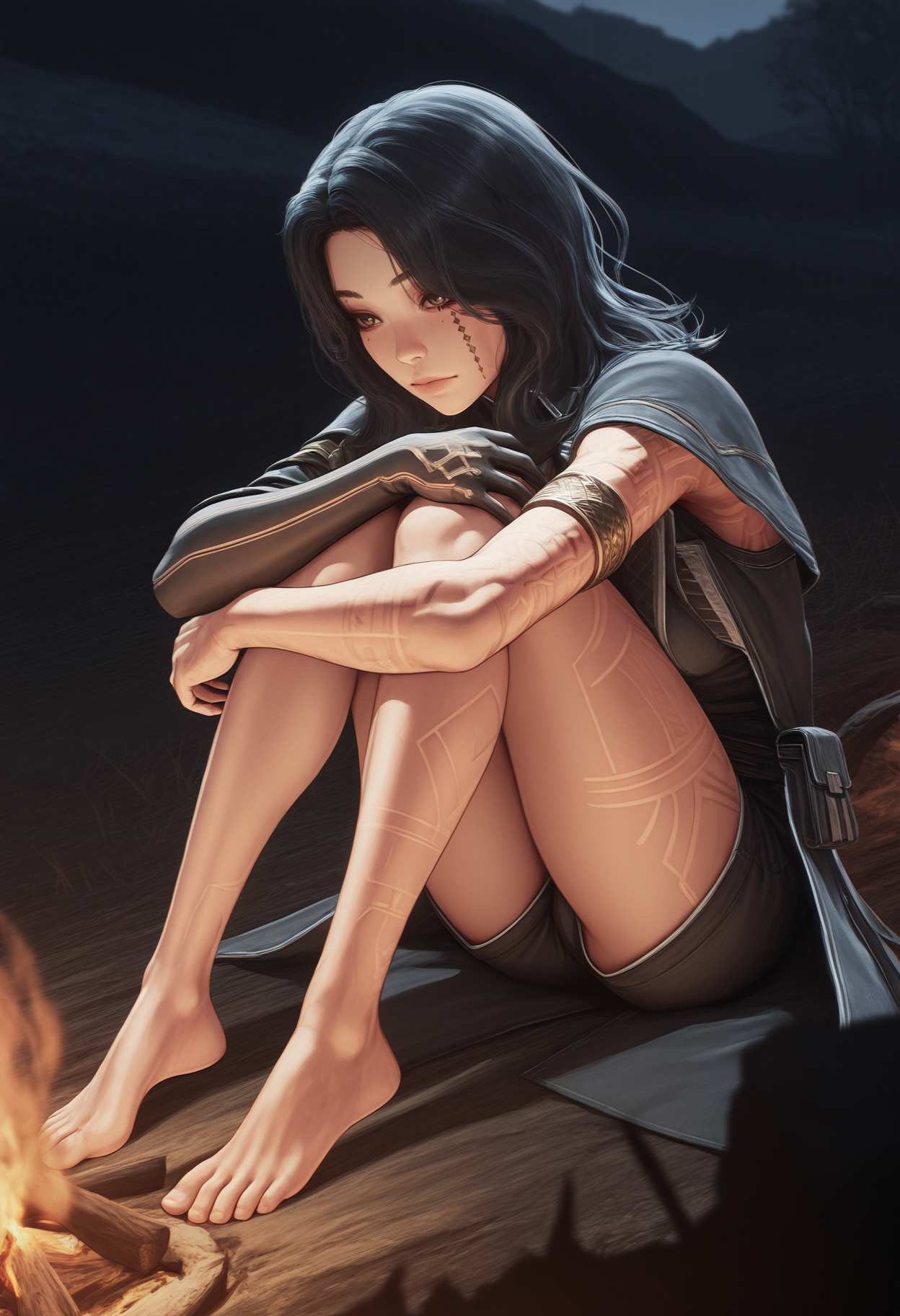masterpiece, best quality, amazing quality, 1girl, <lora:lune_illustrious_byJaneB:1>, lun3e33,
, facial tattoo, arm tattoo,, single glove, , coat, armlet, , barefoot,hugging own legs, campfire,