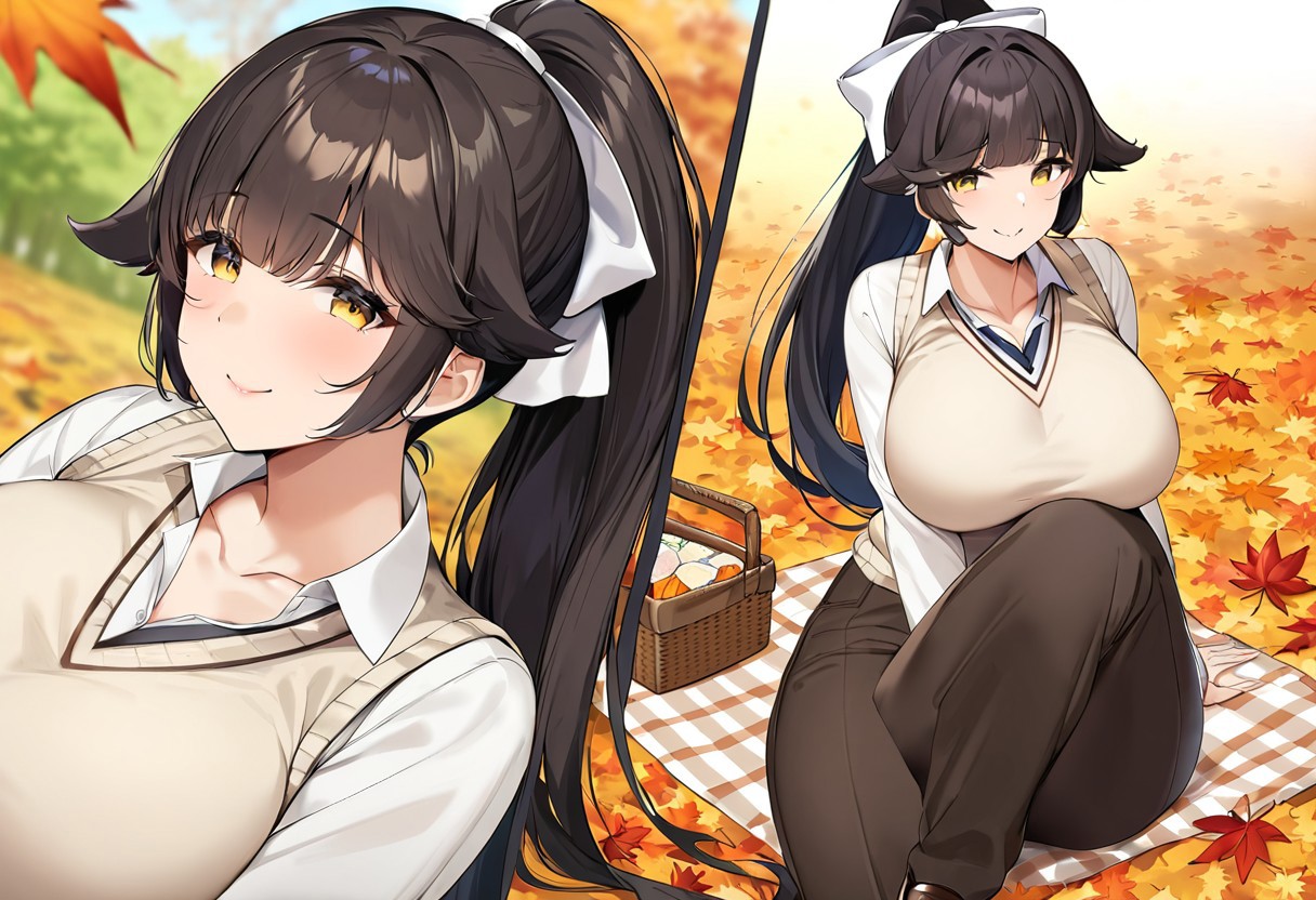 1girl, solo, takao, azur_lane, black_hair, ponytail, very_long_hair, yellow_eyes, large_breasts, long_hair, hair_flaps, yellow_eyes,  white_bow, hair_ribbon, large_breasts, ribbon, hair_bow, (mature female:1.2), tall female, curvy, collarbone, beautiful face, highly detailed faces and eyes, shiny skin, shiny, shy, pants, long_pants, brown_pants, blouse, white_blouse, sweater_vest, beige_sweater, brown_shoes, brown_loafers, smile, happy, looking_at_viewer, outdoors, park, autumn, autumn_leaves, sitting, sitting_on_ground, sitting_on_blanket, picnic, picnic_basket, picnic_blanket, masterpiece, best quality, very aesthetic, absurdres, score_9, score_8_up, score_7_up, score_6_up, by marushin