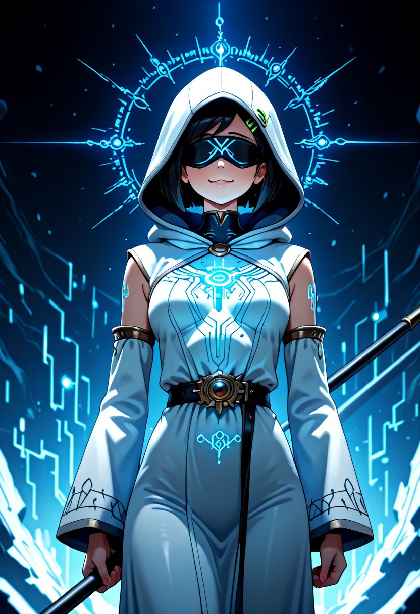 1gril, solo, Marcy, black hair, short hair, hairclip, dynamic angle, cowboy shot, action pose, glowing (circuit tattoo:1.2), robe, detached sleeves, hood up, noble, simulator, blindfold, covered eyes, shaded face, smug,  holding polearm, sanctuary, runes, (electricity:0.5), over technology, geometry, white theme, polarized, chromatic aberration, disintegration effect, (abstract expressionism:0.6), fantasy, science fiction, future, ancient, masterpiece, best quality, amazing quality, very aesthetic, absurdres, newest, <lora:circuit_tattoo:1>
