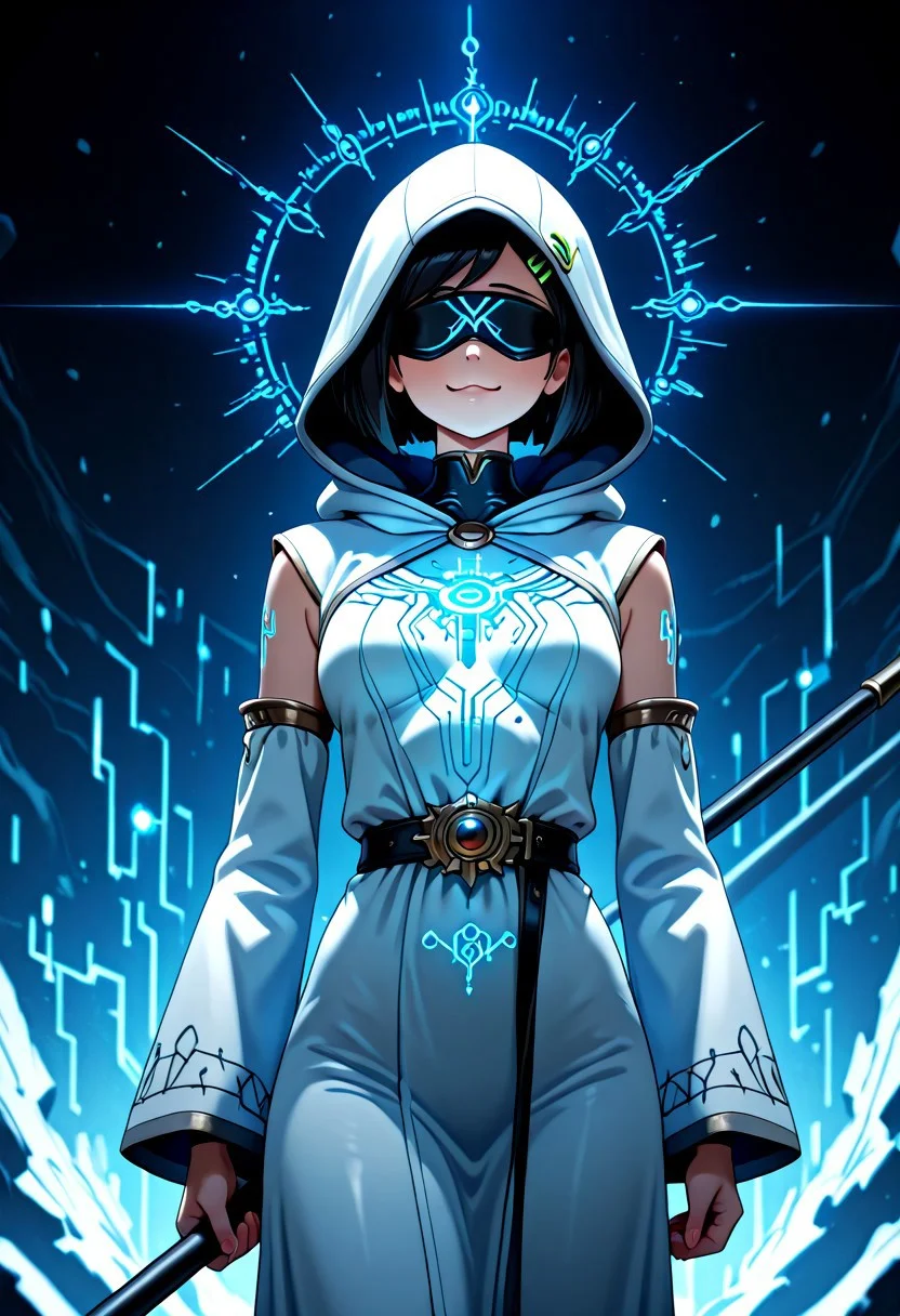 1gril, solo, Marcy, black hair, short hair, hairclip, dynamic angle, cowboy shot, action pose, glowing (circuit tattoo:1.2), robe, detached sleeves, hood up, noble, simulator, blindfold, covered eyes, shaded face, smug, holding polearm, sanctuary, runes, (electricity:0.5), over technology, geometry, white theme, polarized, chromatic aberration, disintegration effect, (abstract expressionism:0.6), fantasy, science fiction, future, ancient, masterpiece, best quality, amazing quality, very aesthetic, absurdres, newest, <lora:circuit_tattoo:1>