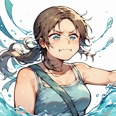 score_9,score_8_up,score_7_up,score_6_up,score_5_up,score_4_up, solo, 1girl, aquacrying, wavy mouth, closed mouth, tearing up, lara croft, light blue tank top, water splash, flying ribbons, face focus, upper body