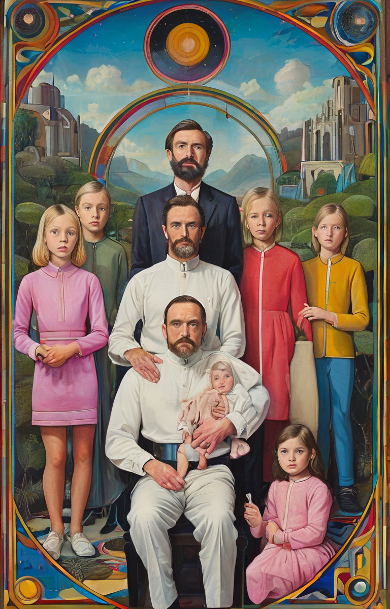 masterpiece,best quality,<lora:tbh147-sdxl:1>,illustration,style of Paul Laffoley portrait of family