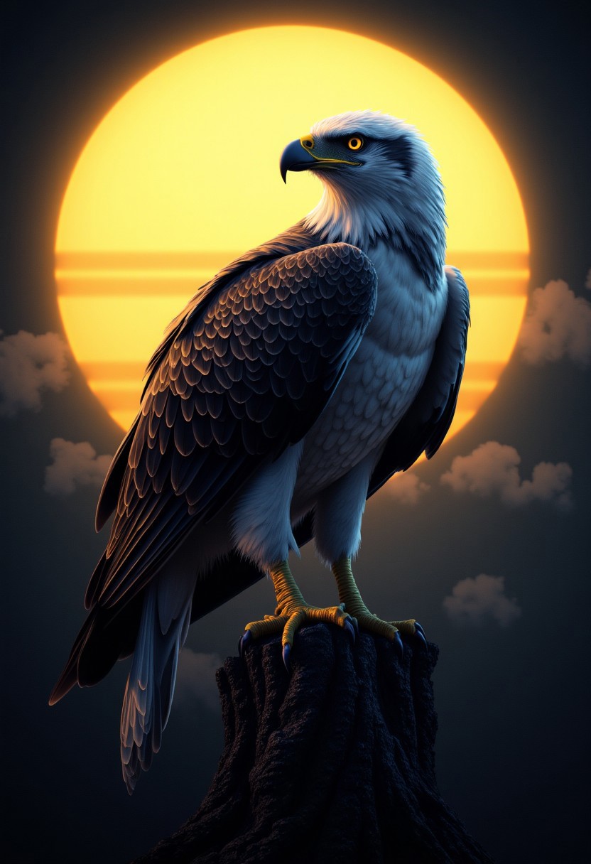 Detailed realistic Eagle , Front view, close up , sitting on top of a tree, shining moon in background, golden yellow peircing eyes, sharp beak