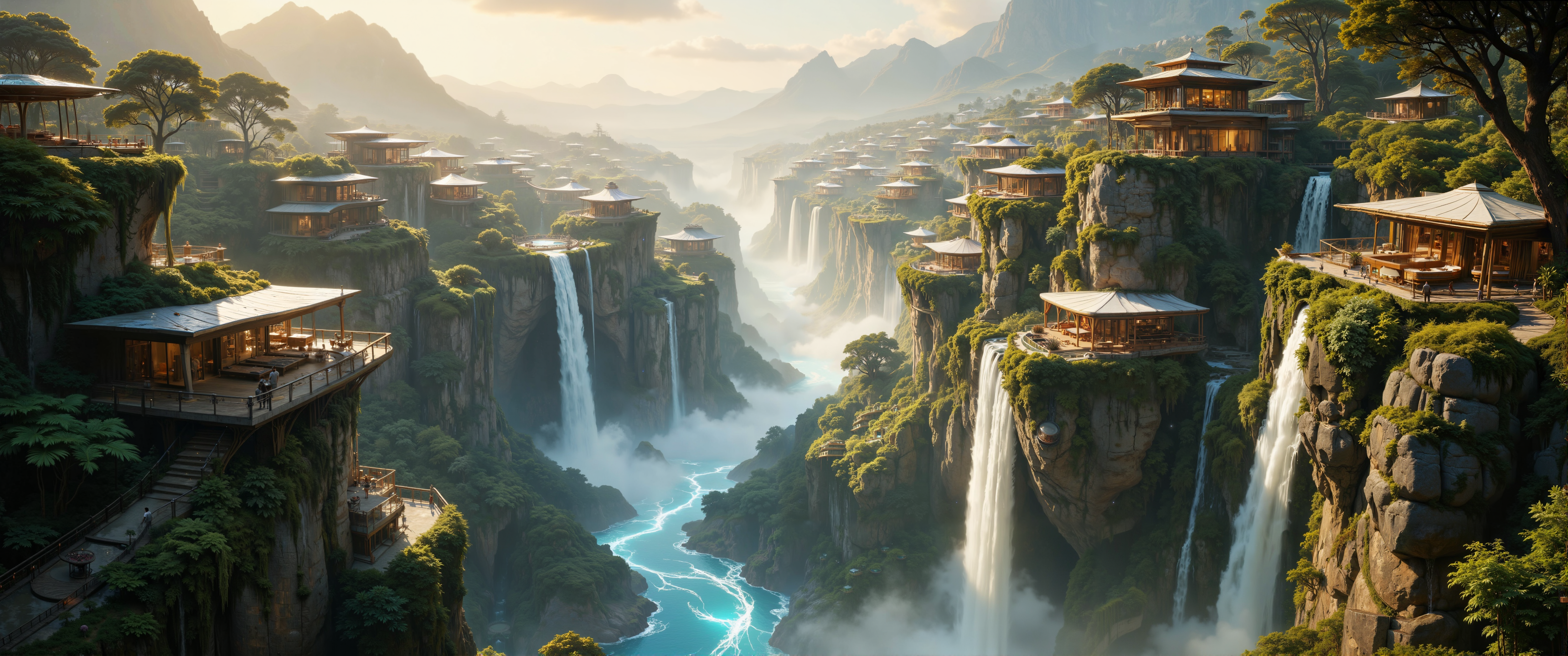 A hanging terraced structure seamlessly fused with a massive waterfall, where crystalline glass pods emerge from moss-covered terraces that follow the cascading water. The building features bio-concrete platforms that appear to float between multiple waterfall streams, connected by transparent walkways. Living walls of ferns and tropical plants integrate with polished stone surfaces. Mist rises where architecture meets falling water, creating ethereal light diffusion. Solar-collecting transparent roof panels capture rainbow refractions from the water. Bamboo and sustainable timber structural elements curve organically with the water's flow. Bioluminescent algae pools glow at twilight along curved balconies. Hyperrealistic rendering, atmospheric perspective, golden hour lighting, volumetric fog, 8k resolution, masterpiece, intricate details. <lora:FluxMythR3alisticF:0.4> <lora:artilands:0.4> <lora:Anime realistic V1:0.5> <lora:flux_dev:1>