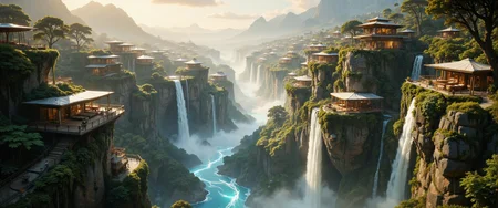 A hanging terraced structure seamlessly fused with a massive waterfall, where crystalline glass pods emerge from moss-covered terraces that follow the cascading water. The building features bio-concrete platforms that appear to float between multiple waterfall streams, connected by transparent walkways. Living walls of ferns and tropical plants integrate with polished stone surfaces. Mist rises where architecture meets falling water, creating ethereal light diffusion. Solar-collecting transparent roof panels capture rainbow refractions from the water. Bamboo and sustainable timber structural elements curve organically with the water's flow. Bioluminescent algae pools glow at twilight along curved balconies. Hyperrealistic rendering, atmospheric perspective, golden hour lighting, volumetric fog, 8k resolution, masterpiece, intricate details. <lora:FluxMythR3alisticF:0.4> <lora:artilands:0.4> <lora:Anime realistic V1:0.5> <lora:flux_dev:1>