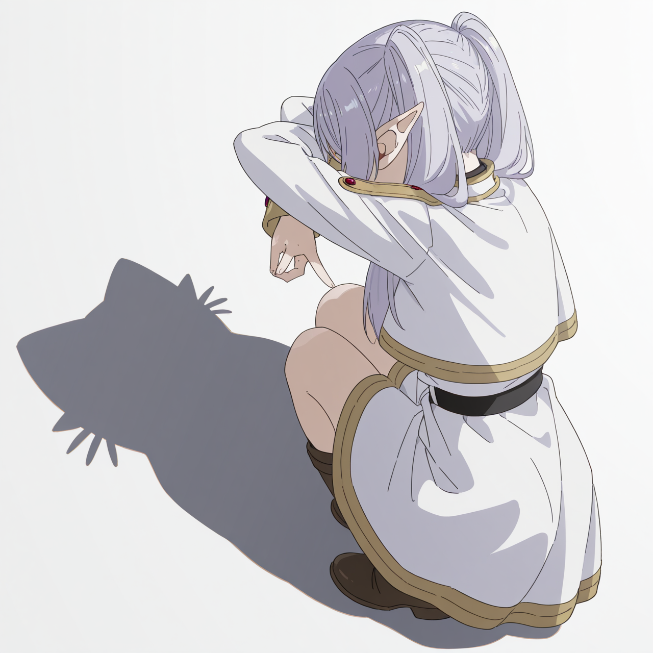 highres, absurdres, hi res, best quality, masterpiece, 2d, intricate details, 4k, anime coloring,
1girl, solo, female, white hair, silver hair, pointy ears, twintails, long hair,frieren, sousou no frieren,
dress, white dress, long sleeves, 
from behind, from side, shadow, animal, parody, squatting, cat, meme, cat shadow puppet \(meme\), cat shadow puppet (meme), crossed arms,
white background, <lora:Cat_Shadow_Puppet_(Concept)_ILXL:1>,
