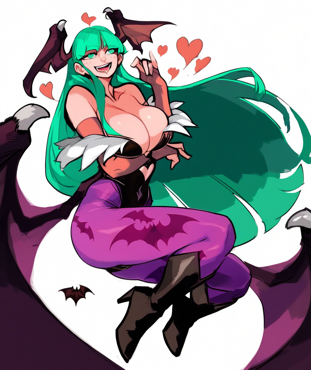 score_8_up. score_7_up,<lora:33dotdot:1>, uncensored, score_9, 33dotdot, 1girl, large breasts, morrigan aensland, head wings, print pantyhose, long hair, bat print, green hair, animal print, black leotard, cleavage, demon girl, green eyes, bridal gauntlets, bat wings, boots, heart, white background, bare shoulders, open mouth, smile, full body, simple background, black footwear