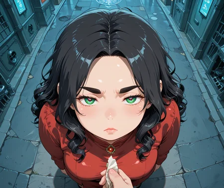 IllusP0s, PonyScores7, source_anime, ah1, IllustriousQual, interesting, exciting, spectacular, wonderful, amazing quality, absolutely eye-catching, very awa,
BREAK <lora:xl_more_art-full_v1:0.2>, <lora:aesthetic_anime_v1s:0.2>, <lora:detailxl:0.2>, detailxl, amazing quality, best aesthetic, absurdres, illustration, Volumetric_Lighting, ultra-detailed, very aesthetic, intricate details, best_quality, lazympos, <lora:Add_Details_v1.2:0.4>, <lora:quality_modifiers_masterpieces_v1:0.2>, anime style, <lora:HDA_Detailer:0.3>, <lora:natsumi_style:0.2>, <lora:by_usakun-pony:0.2>, by usakun, <lora:Akina_Bbw_Style_-_PonyXL:0.2>, AkinBw,
BREAK (((peeling Apricot))), dynamic pose,
BREAK 1girl, mature female, (curvy), round-chin, caucasian, <lora:ETO_OC_Illustrius:0.5>, eto_oc, skindentation, (plump), thick thighs, wide hips, busty, voluptuous, round ass, large breasts, <lora:plussizegirls_IL:0.3>, <lora:plussizegirls_pony:0.3>, <lora:shinyskin2:0.2>, glistening skin, HDA_FatGirlXL, <lora:perfection style:0.2>, perfection style, perfection, 
BREAK ((bodycon midi dress with strategic cut outs)),
BREAK (curly hair), long hair, (black hair:1.4), (parted hair:1.7), messy hair, kinky curls, detailed hair, <lora:hairdetailpxl:0.2>, hairdetailpxl,
BREAK (half green and brown eyes), (colorful eyes), (multicolored eyes), (downturned eyes:1.4), expressive eyes, perfect eyes, eyes hd, detailed eyes, (round face:1.2), (thick eyebrows:1.3), (plump face), lips, <lora:Round_face:0.2>, iris lines, <lora:Detailed eyes-Illustrious:0.3>, iris and pupil, soft shimmer on the iris,
BREAK (((An expression of resentment, with a bitter frown and narrowed eyes expression))), Expressive, emotional, looking at viewer, Face Detailed, <lora:Expressive_H:0.2>, Expressiveh, <lora:Emotional_Anime_Expressions_PonyXL_Concept:0.2>, <lora:Best_Facial_Expression_LoRA_PONY:0.2>, looking at viewer, <lora:Detailed expressive EXEV style -XL Pony V1.0:0.2>, FaceDetail, <lora:Best_Facial_Expression_Helper_XTREME_ILLU:0.4>, kaogei,
BREAK (((ancient catacombs, hidden beneath the city streets, with twisting passages, burial chambers, niches for urns and sarcophagi))), (((Ground level, (from above), Close to viewer))), 4k, 8k, Ultra HD, Masterpiece, Best quality, Detailed background, foreshortening, extreme perspective, full_details, <lora:AddMicroDetails_Illustrious_v4:0.3>, addmicrodetails,