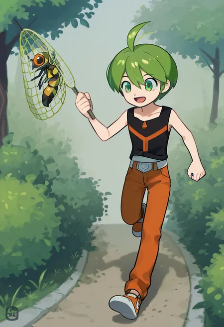 1 boy, aaron, green eyes, green hair, ahoge, black sleeveless shirt, orange pants, white with orange shoes, belt<lora:EMS-380018-EMS:1.000000> insect net holding, running, outdoors, playful,
20-year-old