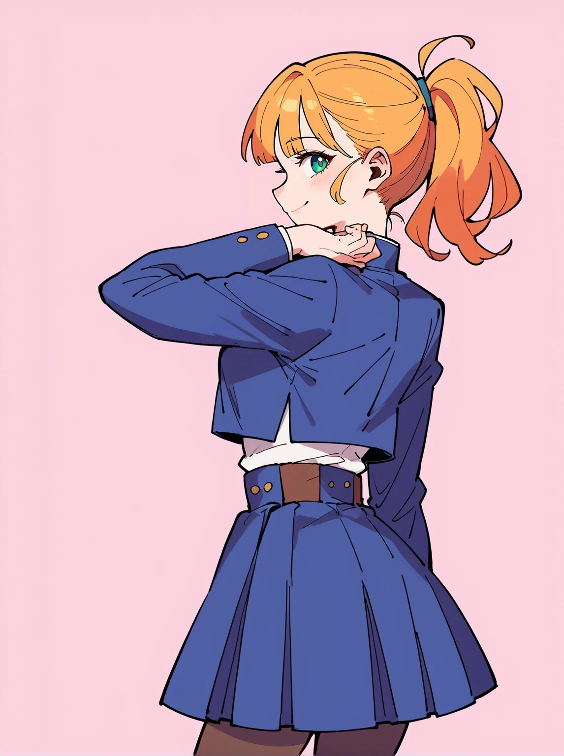 score_8_up, score_7_up, score_6_up, source_anime, 1girl, solo, simple background, pink background,
standing, pose, contrapposto, arched back, cowboy shot, from behind
smile,
cropped jacket, long sleeves, blue skirt, high-waist skirt, medium skirt, pantyhose
<lora:Nobara:1>