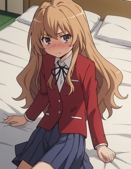score_9, score_8_up, score_7_up, source_anime,
taigaaisaka, <lora:taiga-aisaka-s1-ponyxl-lora-nochekaiser:1>,
taiga aisaka, long hair, brown hair, brown eyes,
school uniform, oohashi high school uniform, jacket, red jacket, long sleeves, shirt, white shirt, collared shirt, ribbon, skirt, pleated skirt,
indoors, bed, bed room, on side, blush, drunk,
looking at viewer, solo, cowboy shot, dutch angle,