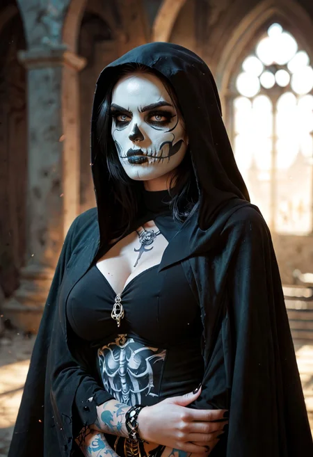 score_9, score_8_up, score_7_up, (SUBJECT), depth of field, highly detailed, high contrast, film grain, Rim Lighting,hand, looking to viewer,
hand, SKULLF4C3XL, skull tattoo, facial_tattoo, skeleton makeup, skull facepaint,  woman, busty, black hair, pout, Grim, Grim Reaper, Dark, Fantasy, Death, habit, cape
