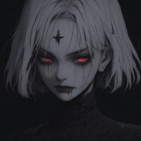 score_9, score_8_up, score_7_up, flat color, blood dripping from mouth, demon girl, demon horns, gthan, gothic, jewelry, red glowing eyes, solo, blood, earrings, cross, 1girl, black background, looking at viewer, portrait, short hair, necklace, blood on face, cross necklace, simple background, spot color, closed mouth, white hair, cross earrings