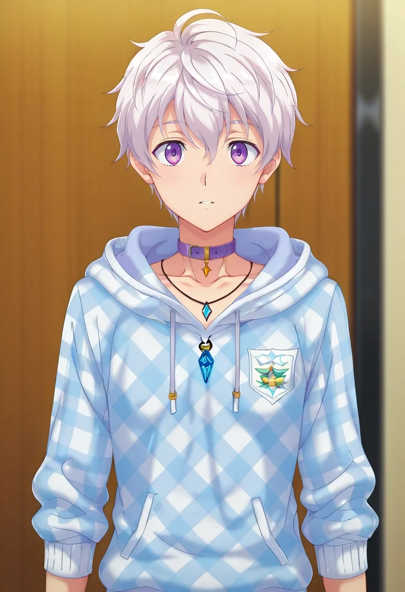 masterpiece, best quality, intricate details, anime screencap, anime coloring, official style, , depth of field, 1boy, solo, male focus, <lora:felix_clermont_ilxl:0.9>, felix_clermont, white hair, purple eyes, ahoge, , , Woven joggers, Lycra Plaid flannel hoodie, , , Collar necklace with a pendant or gemstone drop and
