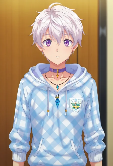 masterpiece, best quality, intricate details, anime screencap, anime coloring, official style, , depth of field, 1boy, solo, male focus, <lora:felix_clermont_ilxl:0.9>, felix_clermont, white hair, purple eyes, ahoge, , , Woven joggers, Lycra Plaid flannel hoodie, , , Collar necklace with a pendant or gemstone drop and