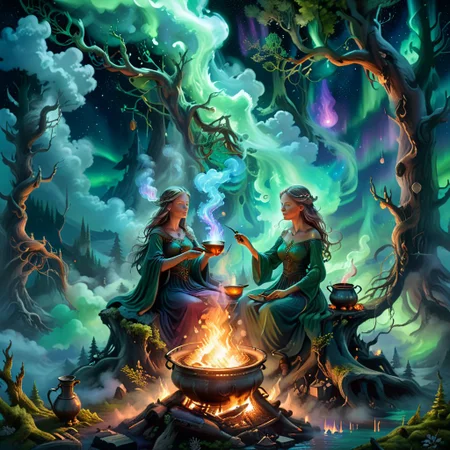 Fantasy concept art, woman brewing a potion over a fire set upon a cloud, ethereal nebula aura emanating from her figure, ingredients of imagination bubbling in a cauldron, auroras weaving through tall, ancient trees in the background, visual representation of mystical energies and connections, aurora borealis dancing vividly in the sky, digital painting, ultra realistic, dramatic lighting, breathtaking surreal masterpiece.