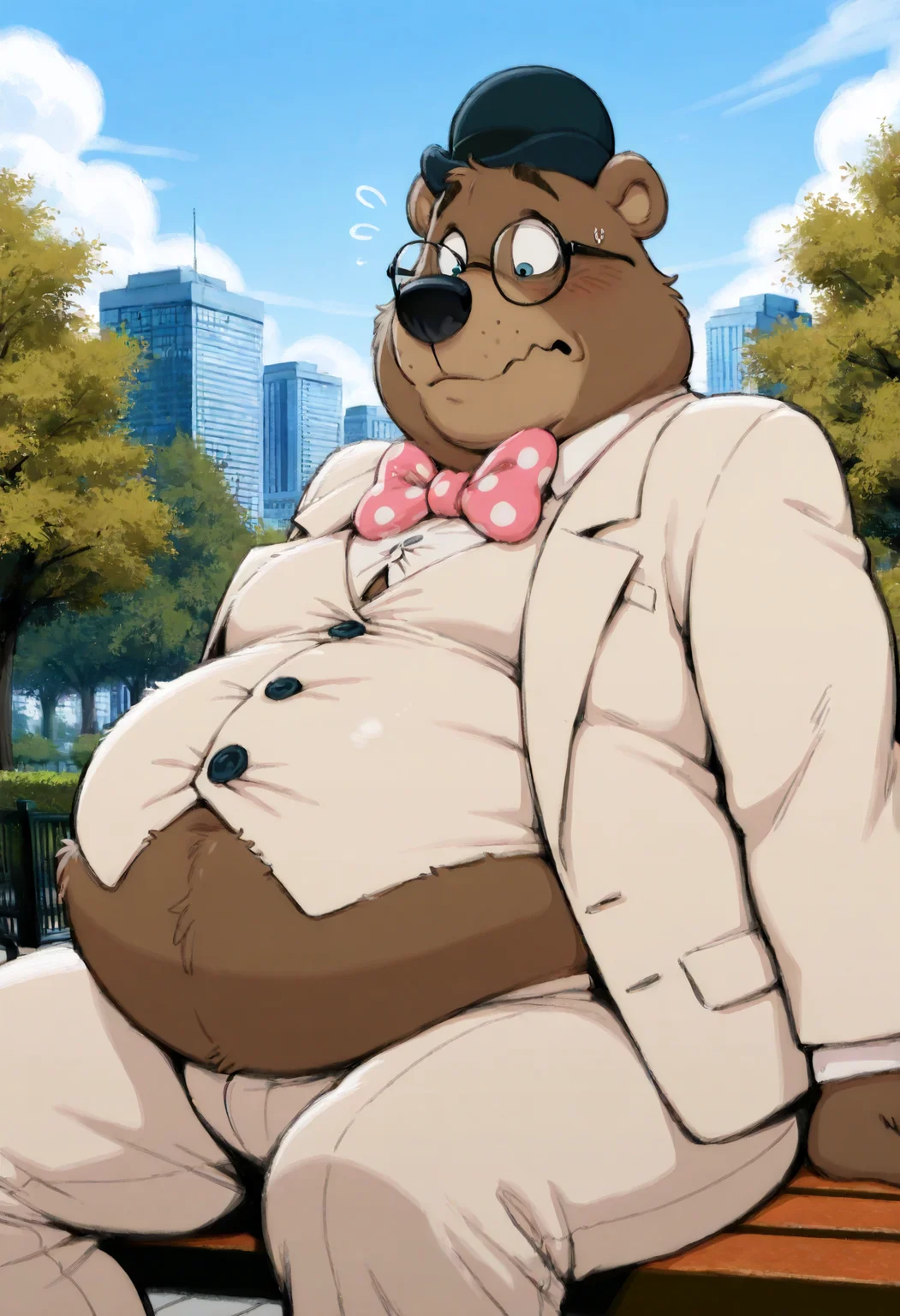 masterpiece, best quality, amazing quality, high resolution, absurdres, newest, Gr4fton,1boy, solo, bear, no humans, polka dot bowtie, bowler hat, furry male, formal suit, white outfit, glasses, fat, city park, sitting on bench, bursting belly, nervous, wardrobe malfunction, cleavage <lora:Grafton_the_Lawyer_Alfred_J_Kwak:.75> <lora:NOOB_vp1_detailer_by_volnovik_v1:1>