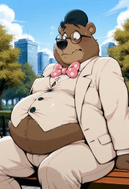 masterpiece, best quality, amazing quality, high resolution, absurdres, newest, Gr4fton,1boy, solo, bear, no humans, polka dot bowtie, bowler hat, furry male, formal suit, white outfit, glasses, fat, city park, sitting on bench, bursting belly, nervous, wardrobe malfunction, cleavage <lora:Grafton_the_Lawyer_Alfred_J_Kwak:.75> <lora:NOOB_vp1_detailer_by_volnovik_v1:1>