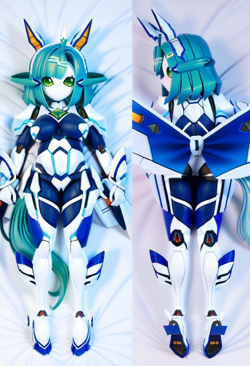 spread legs dakimakura , mechamusume, white bed sheet, 1girl, green eyes, robot, android, mechanical ears, breasts, animal ears, green hair, blue hair, no mouth, humanoid robot, tail, bangs, robot joints, horse ears  horse tail