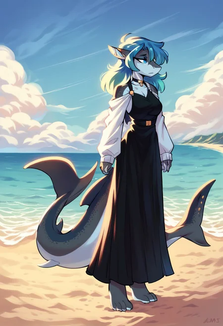 score_9, Score_8_up, score_7_up, 1girl, solo, erikaAmbris, shark, solo, dress, sleeves, beach, standing, looking away