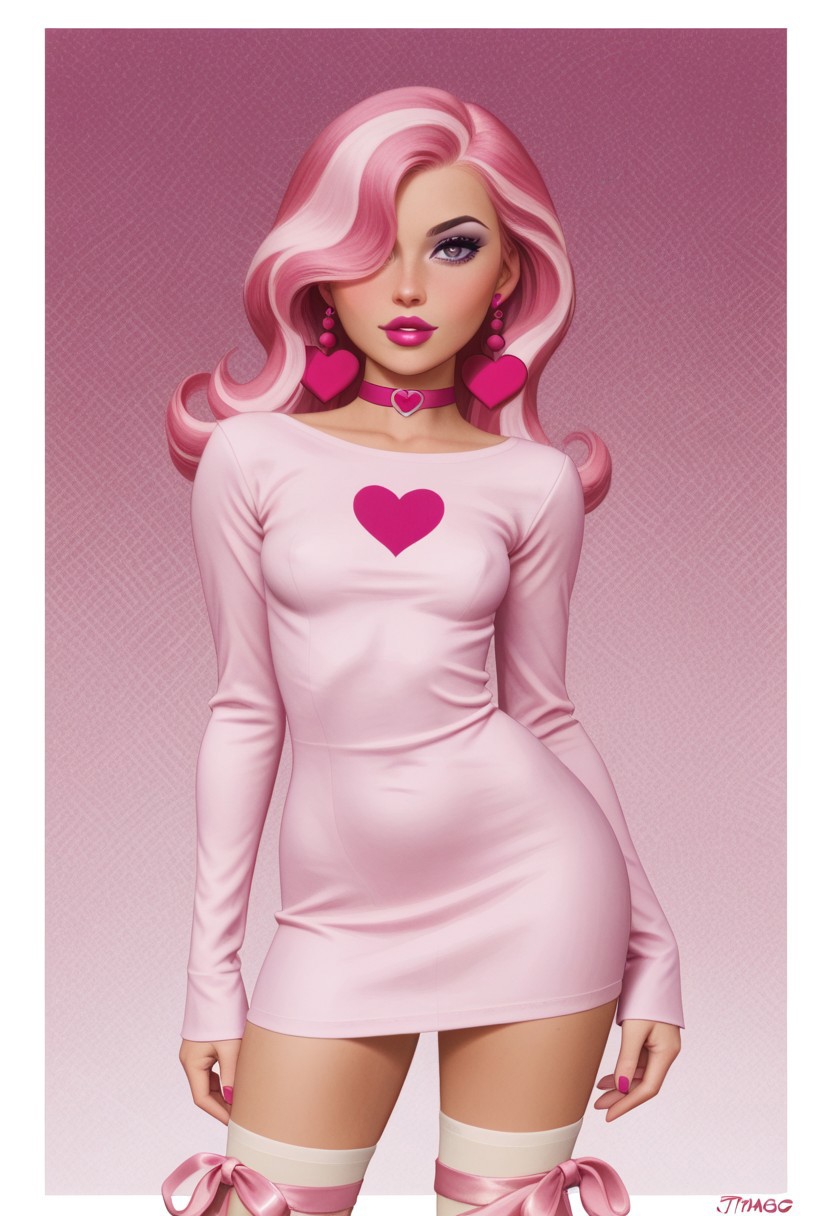 score_9, score_8_up, score_8_up, btimmsketch, (cowboy shot:1.1), 
1girl, venusmwatgg, solo, pink hair, hair covering one eye, purple eyes, purple eyeshadow, hot pink lipstick, heart earrings, hot pink choker, pink dress, long sleeves, pink leg ribbons, white stockings, pink roller skates,
sexy pose, halftone effect, white borders, abstract background:1.2