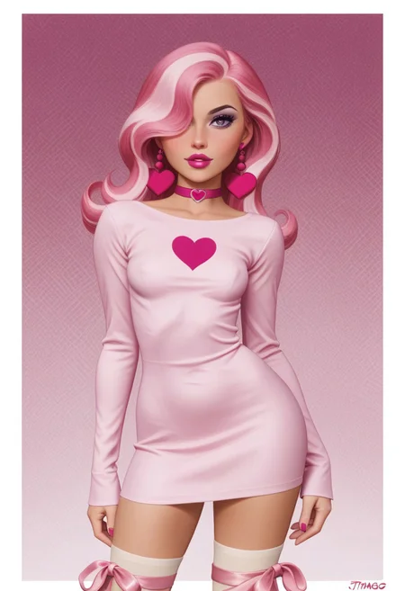 score_9, score_8_up, score_8_up, btimmsketch, (cowboy shot:1.1),
1girl, venusmwatgg, solo, pink hair, hair covering one eye, purple eyes, purple eyeshadow, hot pink lipstick, heart earrings, hot pink choker, pink dress, long sleeves, pink leg ribbons, white stockings, pink roller skates,
sexy pose, halftone effect, white borders, abstract background:1.2