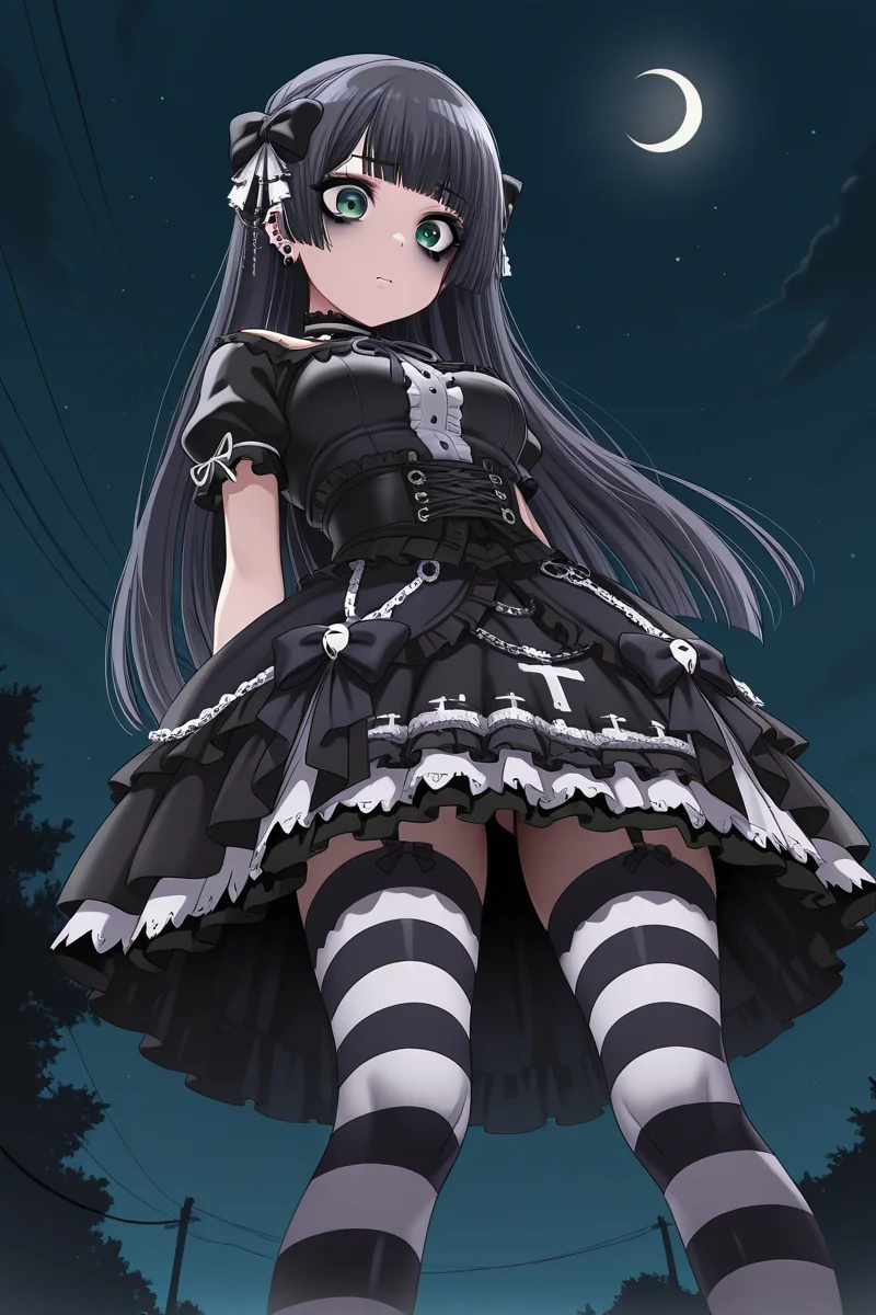 masterpiece, best quality, amazing quality,
<lora:Rei_IL:1> rei, 1girl, long hair, black hair, green eyes, bow, ribbon, goth, goth girl, black makeup, pale, piercing, striped stockings, low angle, night sky,