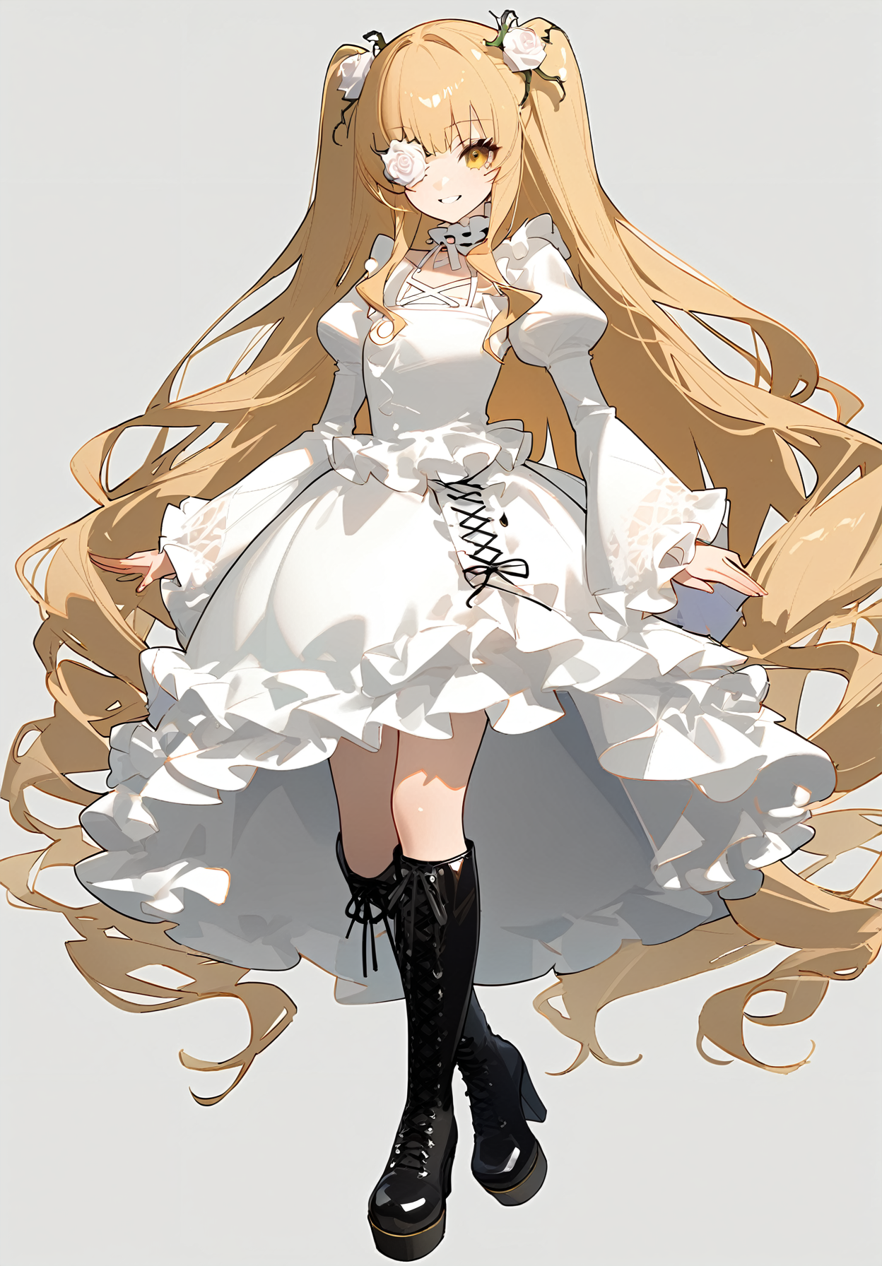 1girl, 
kirakishou,  
dress, rose, yellow eyes, blonde hair, eyepatch, very long hair, frilled dress, hair ornament, long sleeves, long hair, two side up, cross-laced footwear, sidelocks, high heel boots, puffy sleeves, high heels, white rose, juliet sleeves, frilled sleeves, lace-up boots, frilled choker, choker, 1011ta fashion, boots, frills, gothic 1011ta, full body, wavy hair, white flower, white dress, hair flower, frilled footwear, smile, solo, looking at viewer, flower over eye, flower, 
masterpiece, newest, absurdres, safe
 <lora:a31_style_koni:1> <lora:2080ti_ag31_kirakishou-000055:1>