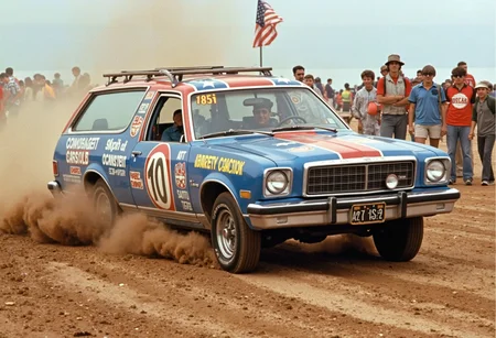patriotic station wagon demolition derby action, 1976