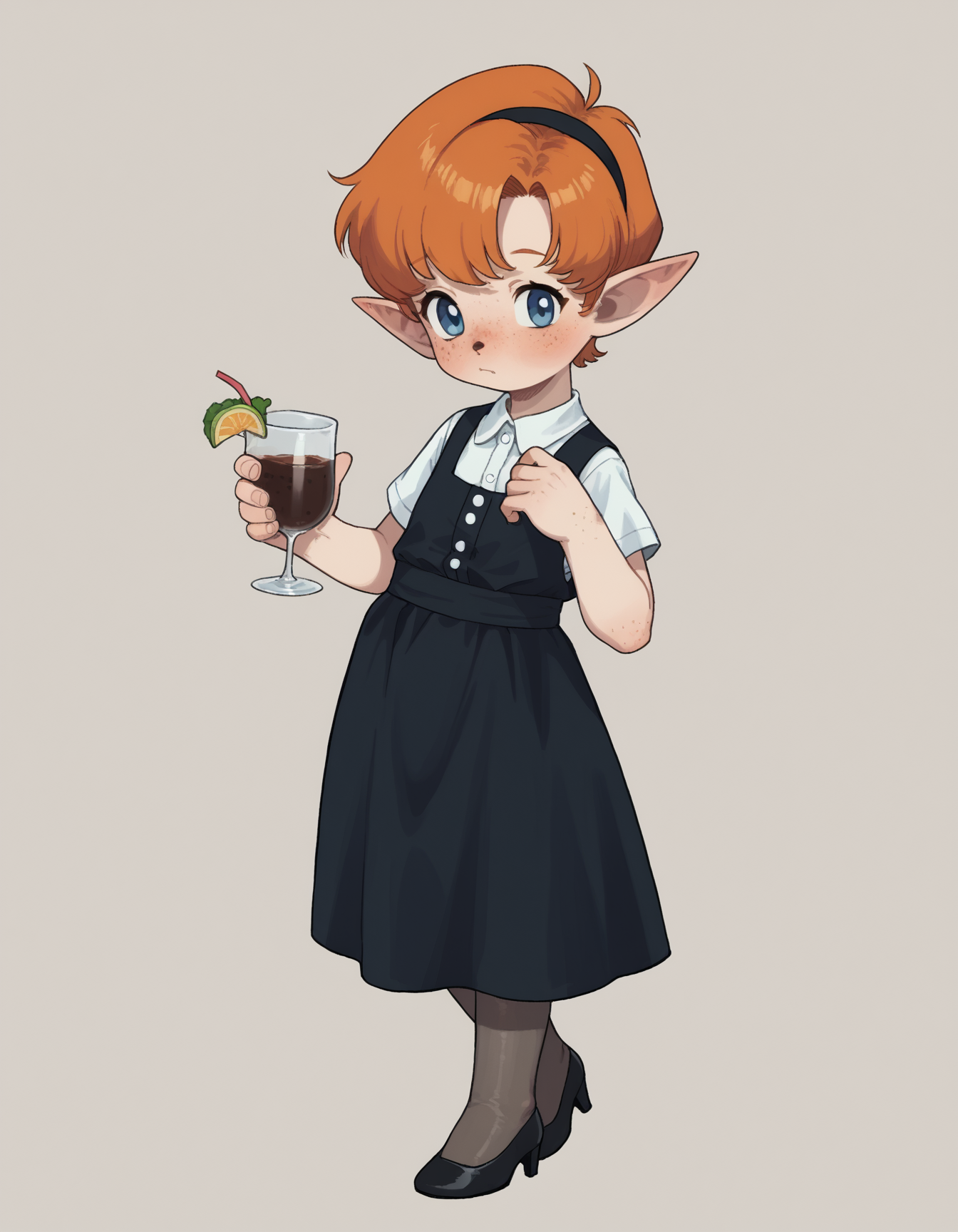 zPDXL, score_9, score_8_up, score_7_up, source_anime,
1girl, solo, waitress wearing Black cocktail dress with a sweetheart neckline, sheer stockings, black heels, retro-style headband with a bow, carrying a coffee pitcher,carrying a wiping cloth,  <lora:PossumMachine_v2:0.8> possmach, little girl, child, flat chest, <lora:Popipi_v1-10:0.8> popipi, lalafell, blue eyes, dark nose, freckles, orange hair, short hair, pointy ears,