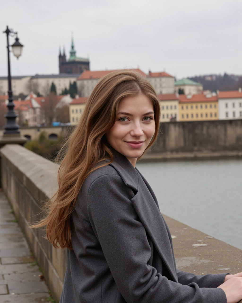cinematic pphoto from above, waist up shot, sharp focus, a beautiful (Czech:1.3) woman in foreground, in Prague, at the Charles Bridge, river in background, overcast rainy day, wearing long grey wool coat, warm rich color palette  <lora:SusannaW:0.55>