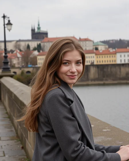 cinematic pphoto from above, waist up shot, sharp focus, a beautiful (Czech:1.3) woman in foreground, in Prague, at the Charles Bridge, river in background, overcast rainy day, wearing long grey wool coat, warm rich color palette <lora:SusannaW:0.55>