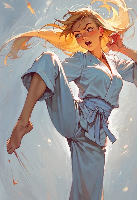 score_9, score_8_up, score_7_up, ,score_6_up, 1girl, realistic, illustration , (funny, blush:0.9), mouth open, solo focus, perfect cute face, blonde hair, toned body, medium breasts, barefoot, concentrated face, bent backward,
low-key lighting style, modeling, karate gi, (from side:0.7), dynamic, (masterpiece:1.1), (best quality:1.1), punch, side kick,
((girl side kicking:1.1)),in gym, martial arts,