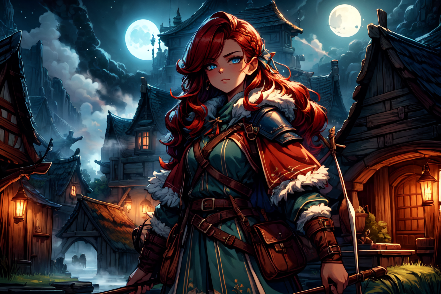 <lora:FantasySettlement:1> fanse, fantasy medieval village, town square, moonlight, fog,  <lora:Fantasy_Classes_SD:1> fantasy class, ranger, archer, bow, leather outfit, belts, pouches, fur, quiver, looking at viewer, seductive, best quality, masterpiece, <lora:more_details:0.7>, 1girl, solo, bright red hair, long hair, blue eyes
