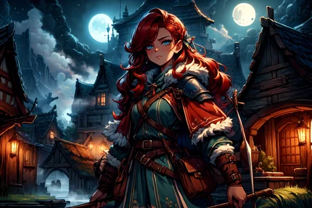 <lora:FantasySettlement:1> fanse, fantasy medieval village, town square, moonlight, fog, <lora:Fantasy_Classes_SD:1> fantasy class, ranger, archer, bow, leather outfit, belts, pouches, fur, quiver, looking at viewer, seductive, best quality, masterpiece, <lora:more_details:0.7>, 1girl, solo, bright red hair, long hair, blue eyes